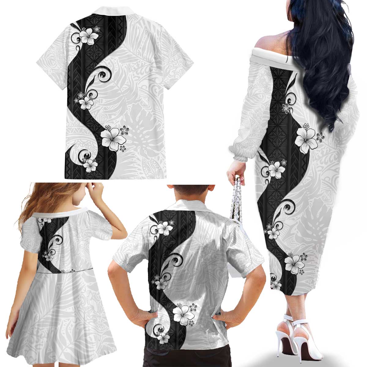 Polynesia Hibiscus Family Matching Off The Shoulder Long Sleeve Dress and Hawaiian Shirt White Curve Motif LT05 - Polynesian Pride