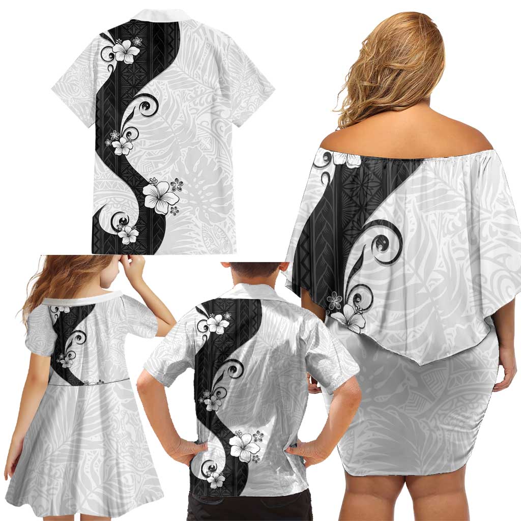 Polynesia Hibiscus Family Matching Off Shoulder Short Dress and Hawaiian Shirt White Curve Motif LT05 - Polynesian Pride