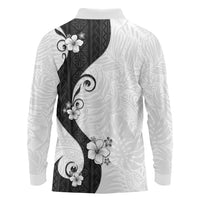 Polynesia Hibiscus Long Sleeve Polo Shirt White Curve Motif - Polynesian Pride