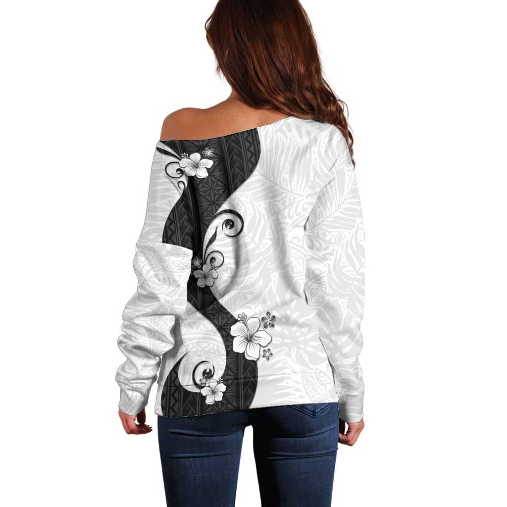 Polynesia Hibiscus Off Shoulder Sweater White Curve Motif - Polynesian Pride