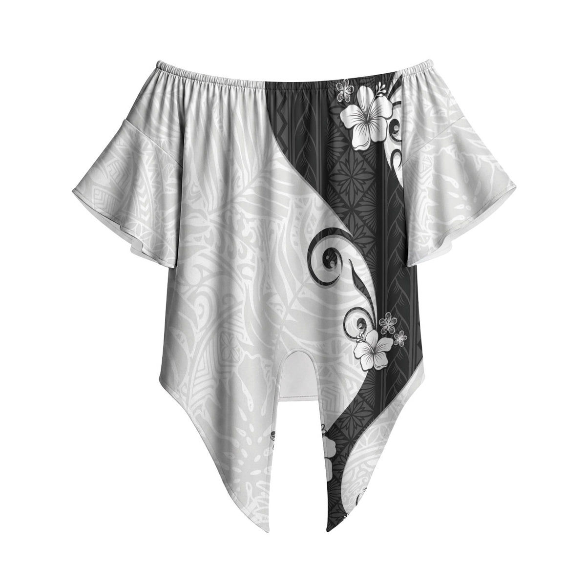 Polynesia Hibiscus Off Shoulder Wrap Waist Top White Curve Motif LT05 White - Polynesian Pride