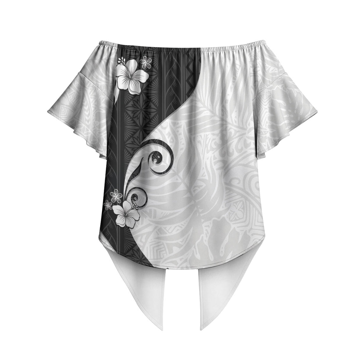 Polynesia Hibiscus Off Shoulder Wrap Waist Top White Curve Motif LT05 - Polynesian Pride