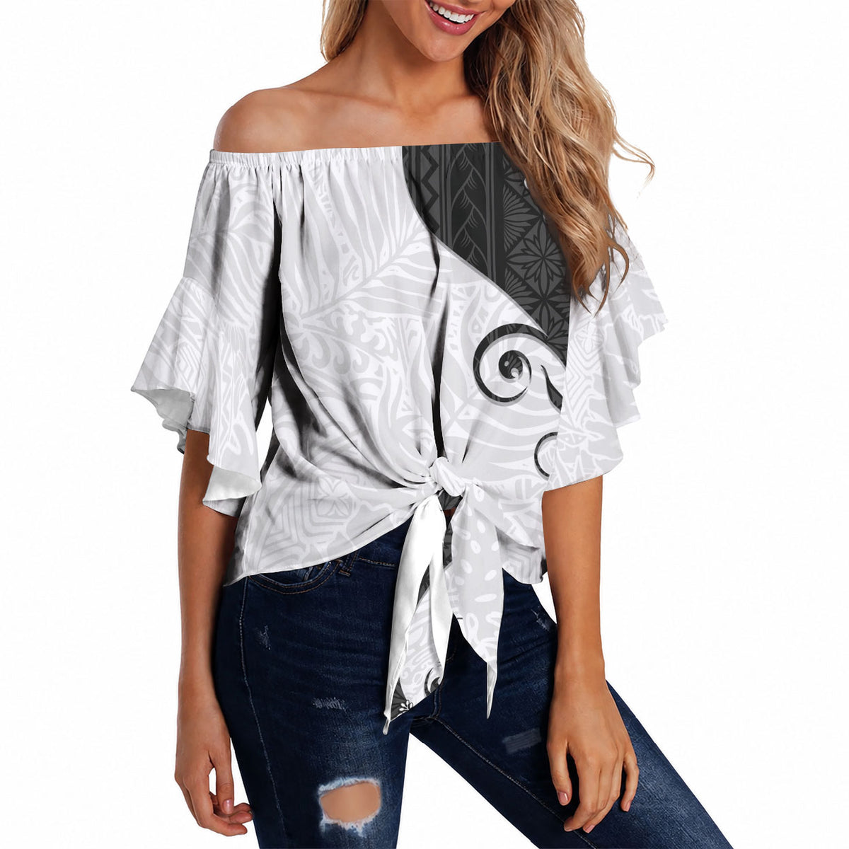 Polynesia Hibiscus Off Shoulder Wrap Waist Top White Curve Motif LT05 - Polynesian Pride