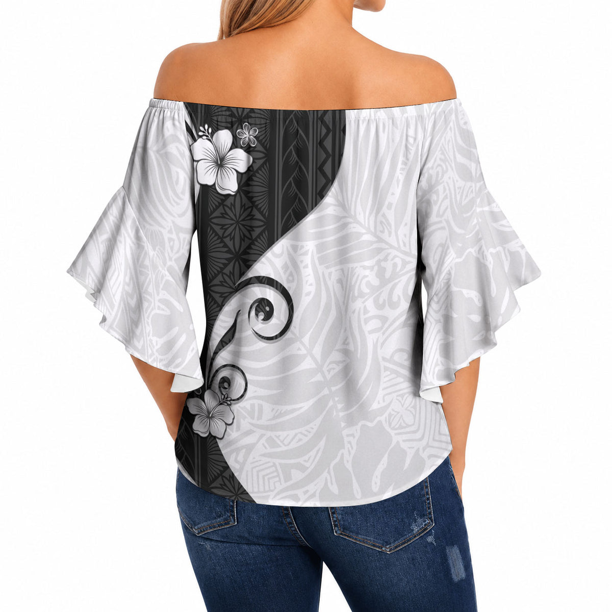 Polynesia Hibiscus Off Shoulder Wrap Waist Top White Curve Motif LT05 - Polynesian Pride