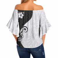 Polynesia Hibiscus Off Shoulder Wrap Waist Top White Curve Motif LT05 - Polynesian Pride