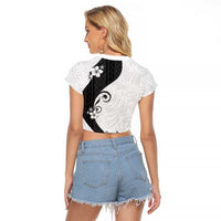 Polynesia Hibiscus Raglan Cropped T Shirt White Curve Motif LT05 - Polynesian Pride