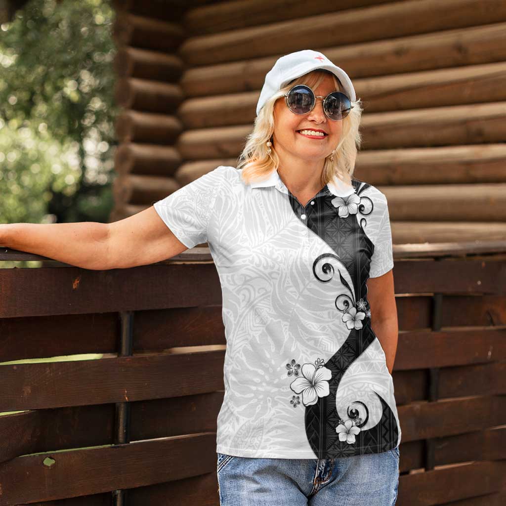 Polynesia Hibiscus Women Polo Shirt White Curve Motif - Polynesian Pride