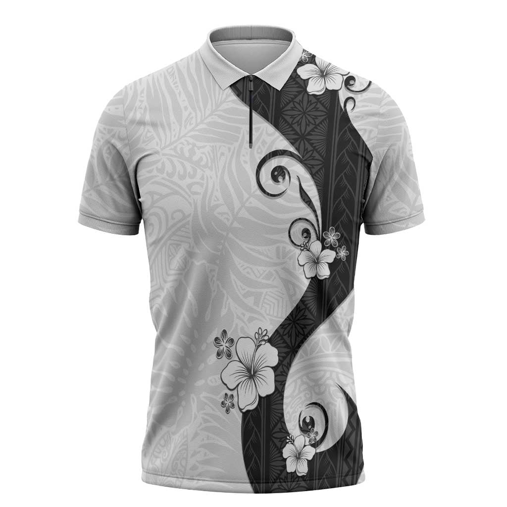 Polynesia Hibiscus Zipper Polo Shirt White Curve Motif LT05 White - Polynesian Pride