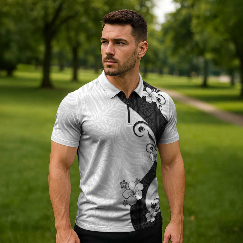 Polynesia Hibiscus Zipper Polo Shirt White Curve Motif - Polynesian Pride