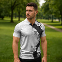 Polynesia Hibiscus Zipper Polo Shirt White Curve Motif - Polynesian Pride
