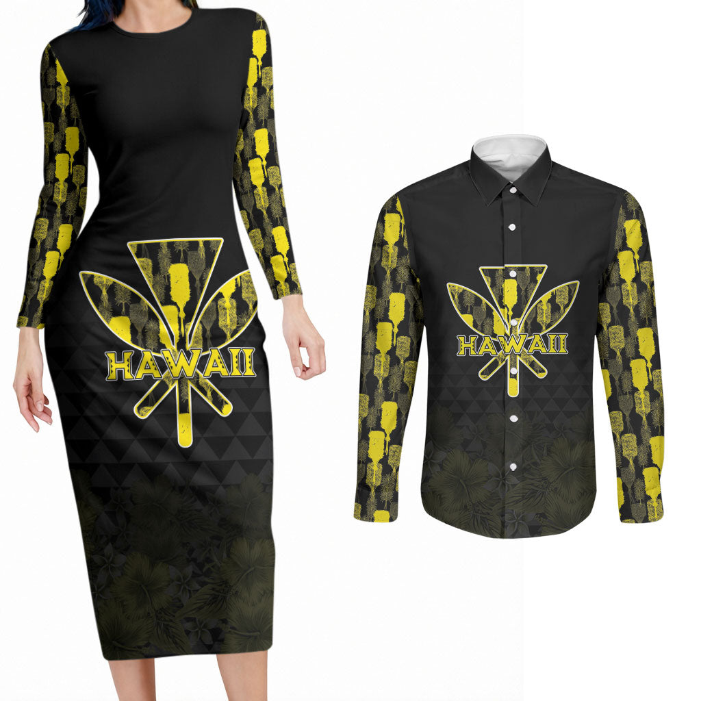 Personalised Aloha Hawaii Kahili Couples Matching Long Sleeve Bodycon Dress and Long Sleeve Button Shirt Kanaka Maoli With Kakau Pattern LT05 Black - Polynesian Pride