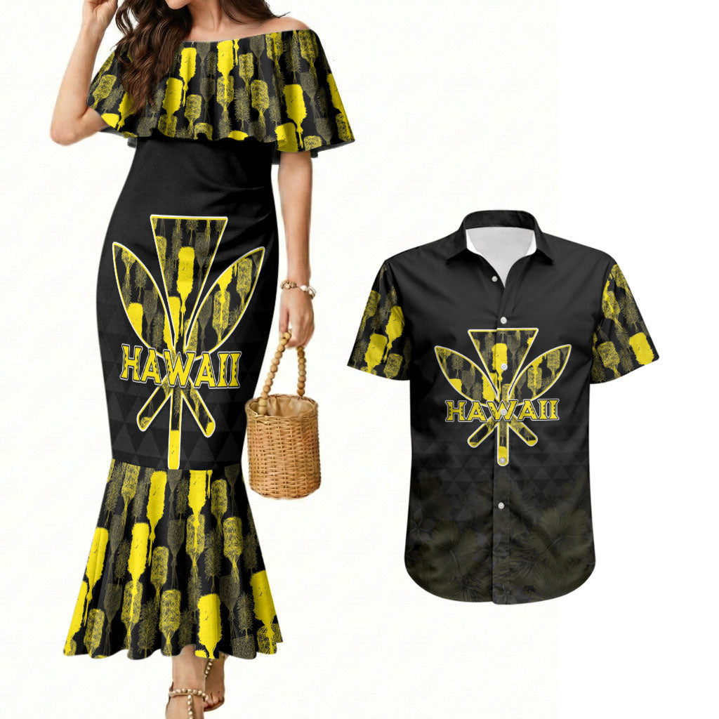 Personalised Aloha Hawaii Kahili Couples Matching Mermaid Dress and Hawaiian Shirt Kanaka Maoli With Kakau Pattern LT05 Black - Polynesian Pride