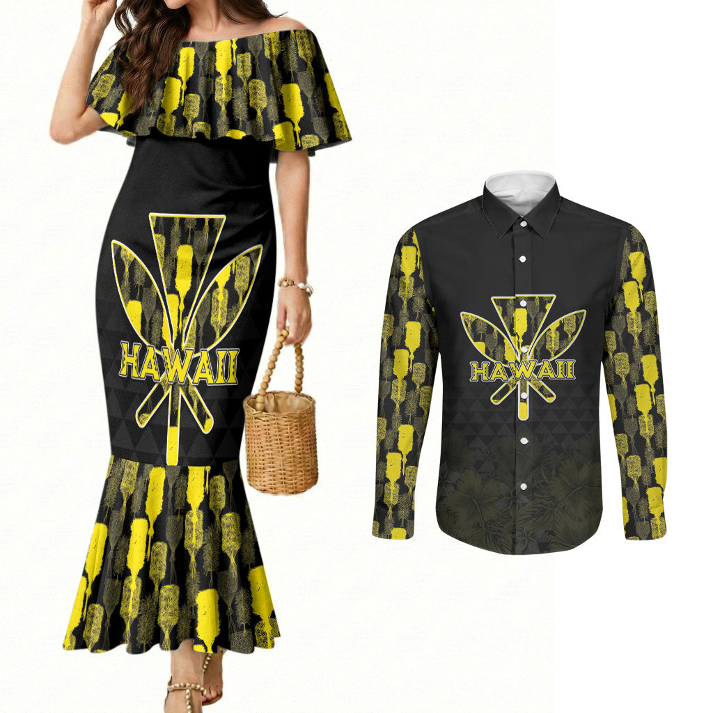Personalised Aloha Hawaii Kahili Couples Matching Mermaid Dress and Long Sleeve Button Shirt Kanaka Maoli With Kakau Pattern LT05 Black - Polynesian Pride