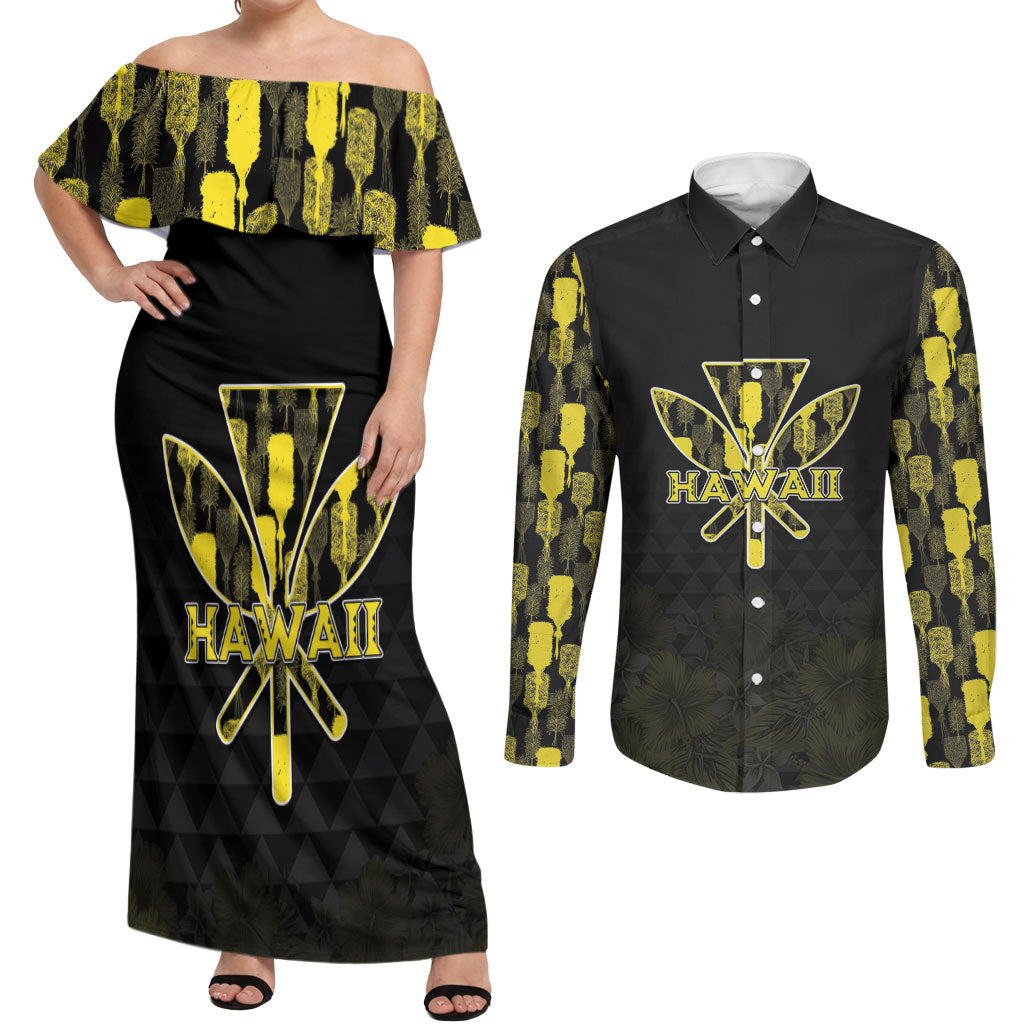 Personalised Aloha Hawaii Kahili Couples Matching Off Shoulder Maxi Dress and Long Sleeve Button Shirt Kanaka Maoli With Kakau Pattern LT05 Black - Polynesian Pride