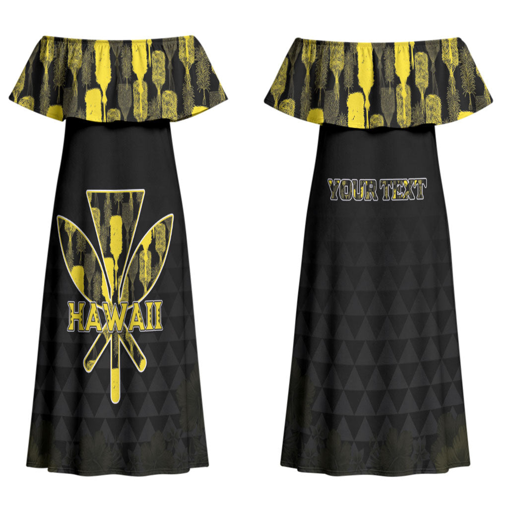 Personalised Aloha Hawaii Kahili Couples Matching Off Shoulder Maxi Dress and Long Sleeve Button Shirt Kanaka Maoli With Kakau Pattern LT05 - Polynesian Pride