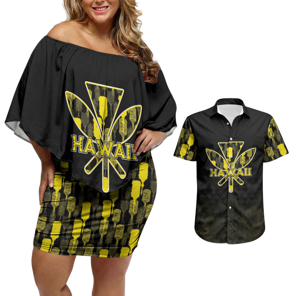 Personalised Aloha Hawaii Kahili Couples Matching Off Shoulder Short Dress and Hawaiian Shirt Kanaka Maoli With Kakau Pattern LT05 Black - Polynesian Pride