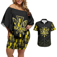 Personalised Aloha Hawaii Kahili Couples Matching Off Shoulder Short Dress and Hawaiian Shirt Kanaka Maoli With Kakau Pattern LT05 Black - Polynesian Pride