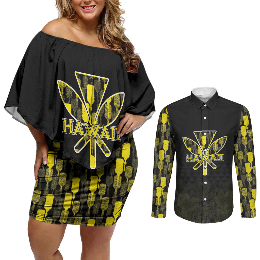 Personalised Aloha Hawaii Kahili Couples Matching Off Shoulder Short Dress and Long Sleeve Button Shirt Kanaka Maoli With Kakau Pattern LT05 Black - Polynesian Pride