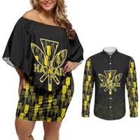 Personalised Aloha Hawaii Kahili Couples Matching Off Shoulder Short Dress and Long Sleeve Button Shirt Kanaka Maoli With Kakau Pattern LT05 Black - Polynesian Pride