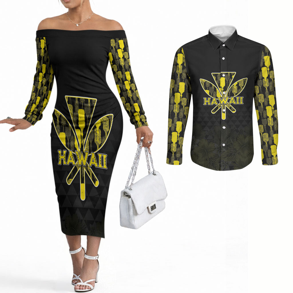 Personalised Aloha Hawaii Kahili Couples Matching Off The Shoulder Long Sleeve Dress and Long Sleeve Button Shirt Kanaka Maoli With Kakau Pattern LT05 Black - Polynesian Pride