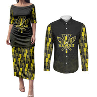 Personalised Aloha Hawaii Kahili Couples Matching Puletasi and Long Sleeve Button Shirt Kanaka Maoli With Kakau Pattern LT05 Black - Polynesian Pride
