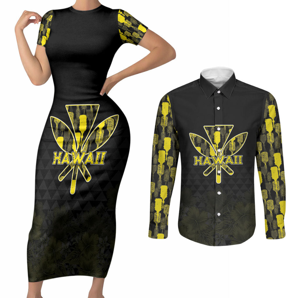 Personalised Aloha Hawaii Kahili Couples Matching Short Sleeve Bodycon Dress and Long Sleeve Button Shirt Kanaka Maoli With Kakau Pattern LT05 Black - Polynesian Pride