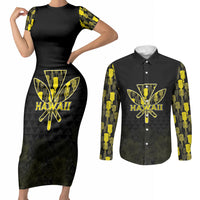 Personalised Aloha Hawaii Kahili Couples Matching Short Sleeve Bodycon Dress and Long Sleeve Button Shirt Kanaka Maoli With Kakau Pattern LT05 Black - Polynesian Pride