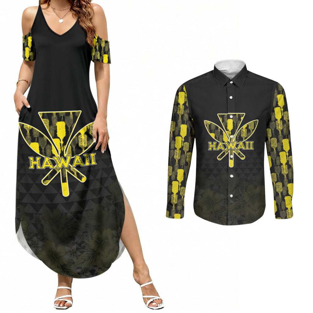 Personalised Aloha Hawaii Kahili Couples Matching Summer Maxi Dress and Long Sleeve Button Shirt Kanaka Maoli With Kakau Pattern LT05 Black - Polynesian Pride