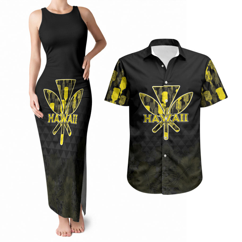 Personalised Aloha Hawaii Kahili Couples Matching Tank Maxi Dress and Hawaiian Shirt Kanaka Maoli With Kakau Pattern LT05 Black - Polynesian Pride