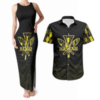 Personalised Aloha Hawaii Kahili Couples Matching Tank Maxi Dress and Hawaiian Shirt Kanaka Maoli With Kakau Pattern LT05 Black - Polynesian Pride