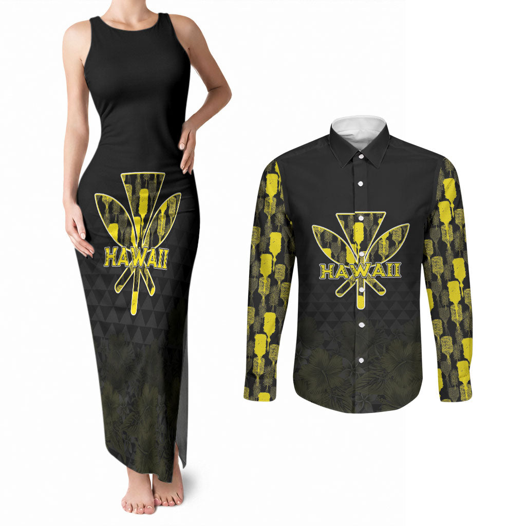 Personalised Aloha Hawaii Kahili Couples Matching Tank Maxi Dress and Long Sleeve Button Shirt Kanaka Maoli With Kakau Pattern LT05 Black - Polynesian Pride