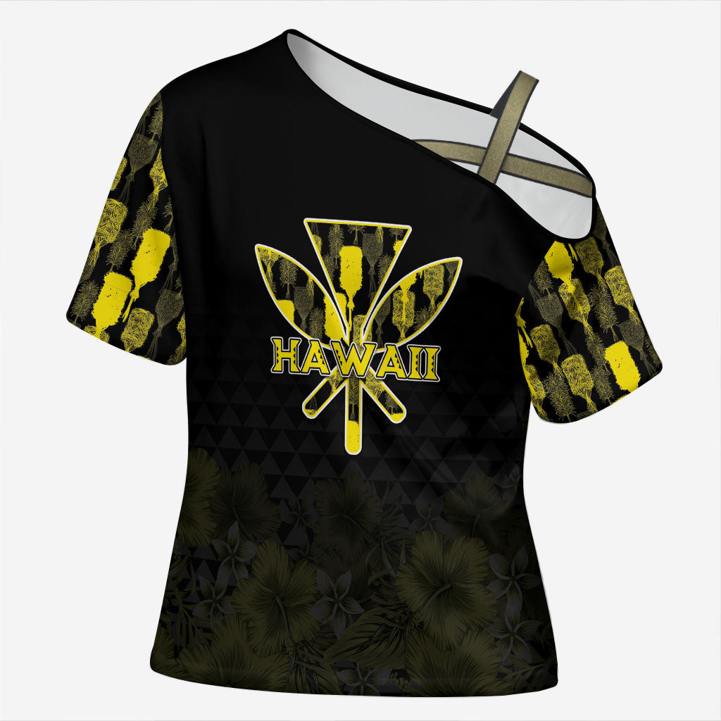 Personalised Aloha Hawaii Kahili Cross Shoulder Shirt Kanaka Maoli With Kakau Pattern LT05 Female Black - Polynesian Pride