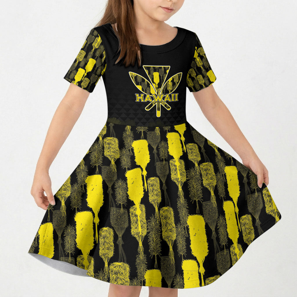 Personalised Aloha Hawaii Kahili Kid Short Sleeve Dress Kanaka Maoli With Kakau Pattern LT05 KID Black - Polynesian Pride