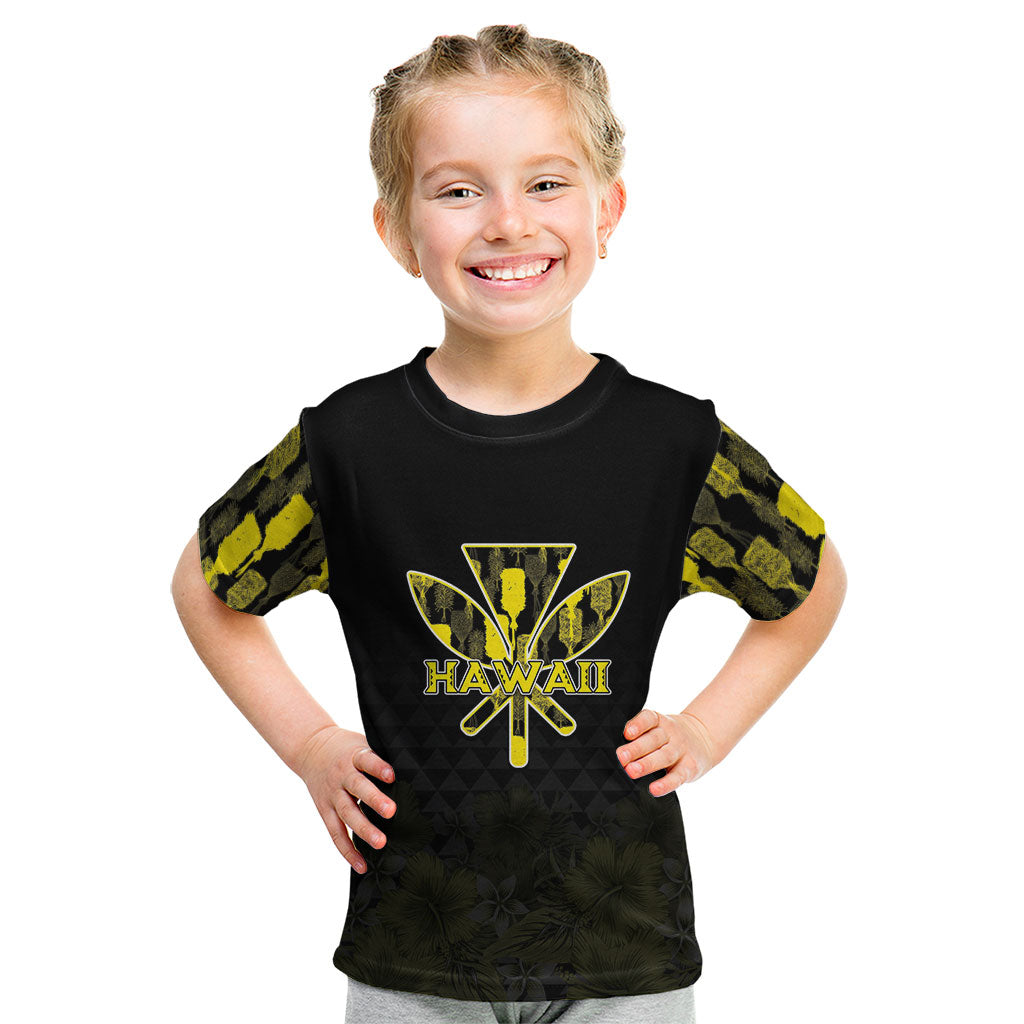 Personalised Aloha Hawaii Kahili Kid T Shirt Kanaka Maoli With Kakau Pattern LT05 Black - Polynesian Pride