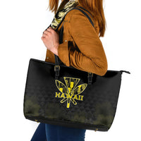 Aloha Hawaii Kahili Leather Tote Bag Kanaka Maoli With Kakau Pattern LT05 Black - Polynesian Pride