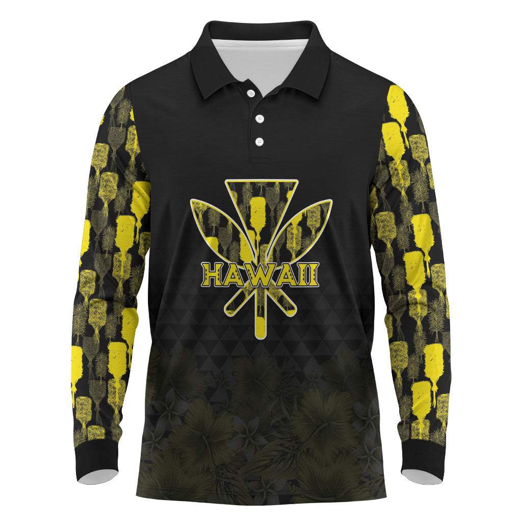 Personalised Aloha Hawaii Kahili Long Sleeve Polo Shirt Kanaka Maoli With Kakau Pattern LT05 Black - Polynesian Pride