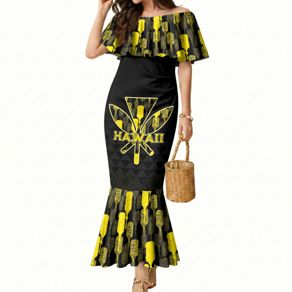 Personalised Aloha Hawaii Kahili Mermaid Dress Kanaka Maoli With Kakau Pattern LT05 Women Black - Polynesian Pride