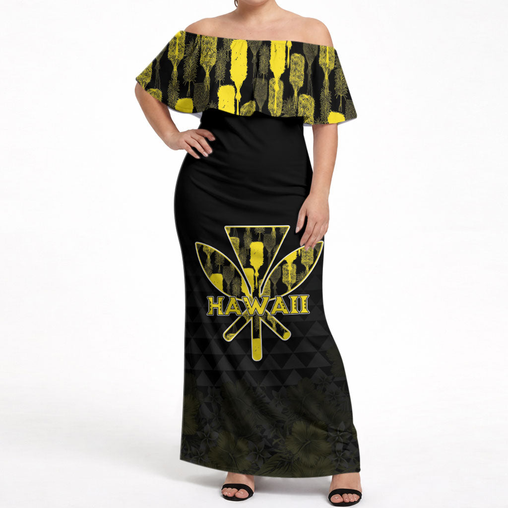 Personalised Aloha Hawaii Kahili Off Shoulder Maxi Dress Kanaka Maoli With Kakau Pattern LT05 Women Black - Polynesian Pride