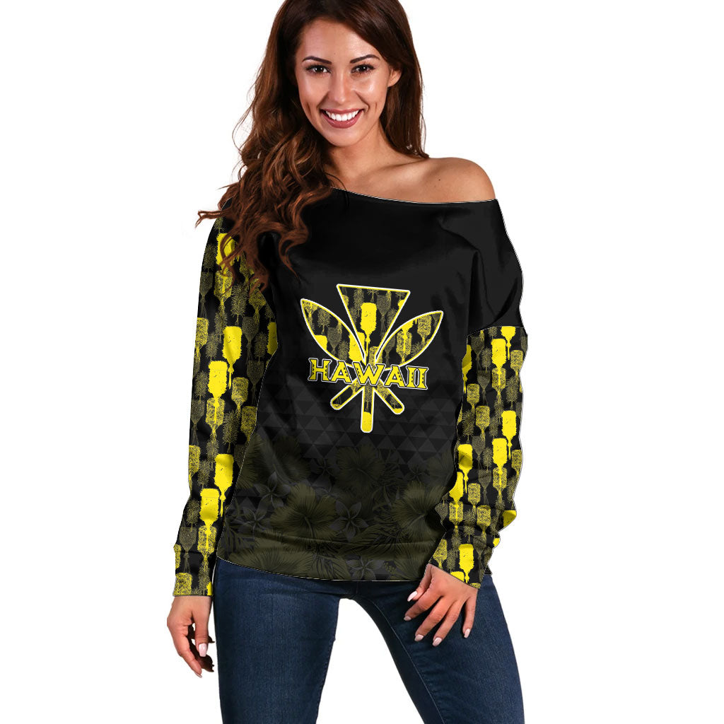 Personalised Aloha Hawaii Kahili Off Shoulder Sweater Kanaka Maoli With Kakau Pattern LT05 Women Black - Polynesian Pride