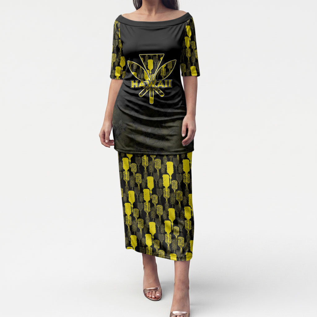 Personalised Aloha Hawaii Kahili Puletasi Kanaka Maoli With Kakau Pattern LT05 Long Dress Black - Polynesian Pride