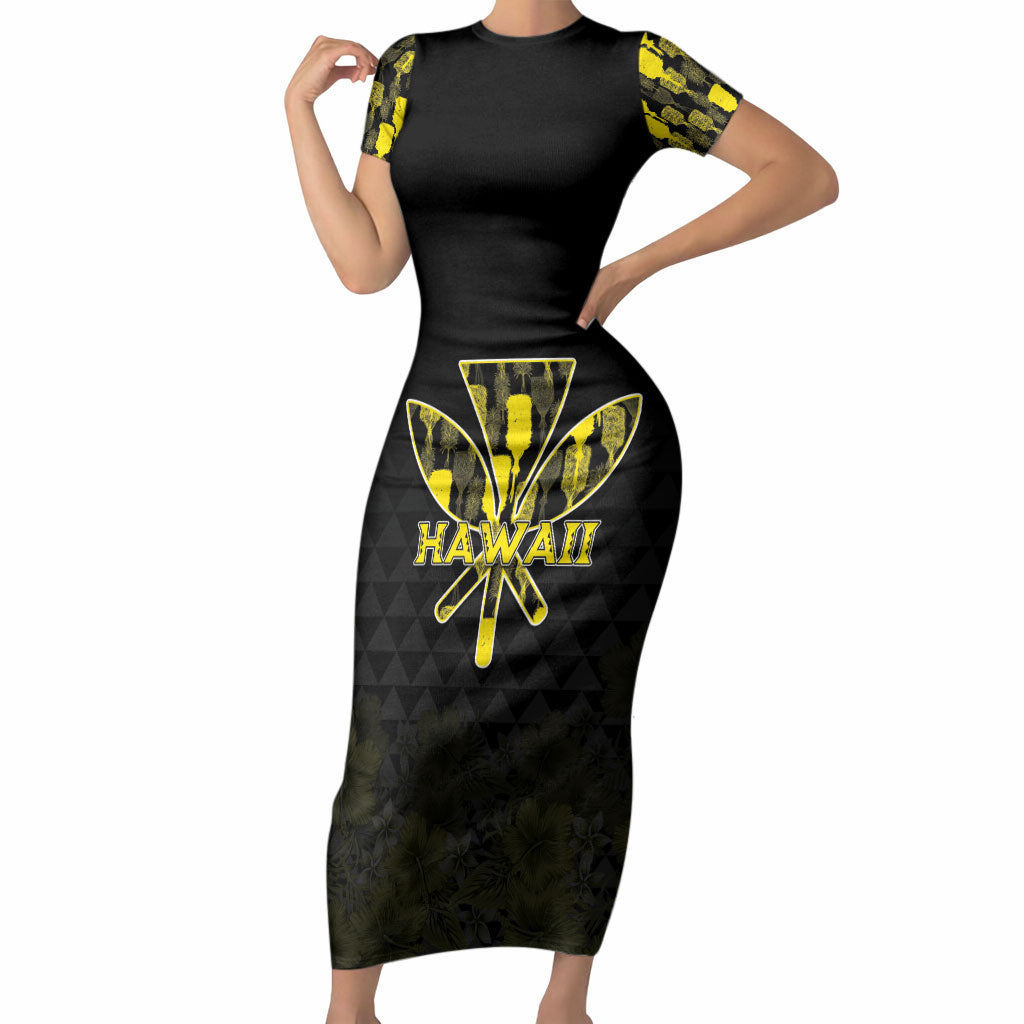 Personalised Aloha Hawaii Kahili Short Sleeve Bodycon Dress Kanaka Maoli With Kakau Pattern LT05 Long Dress Black - Polynesian Pride