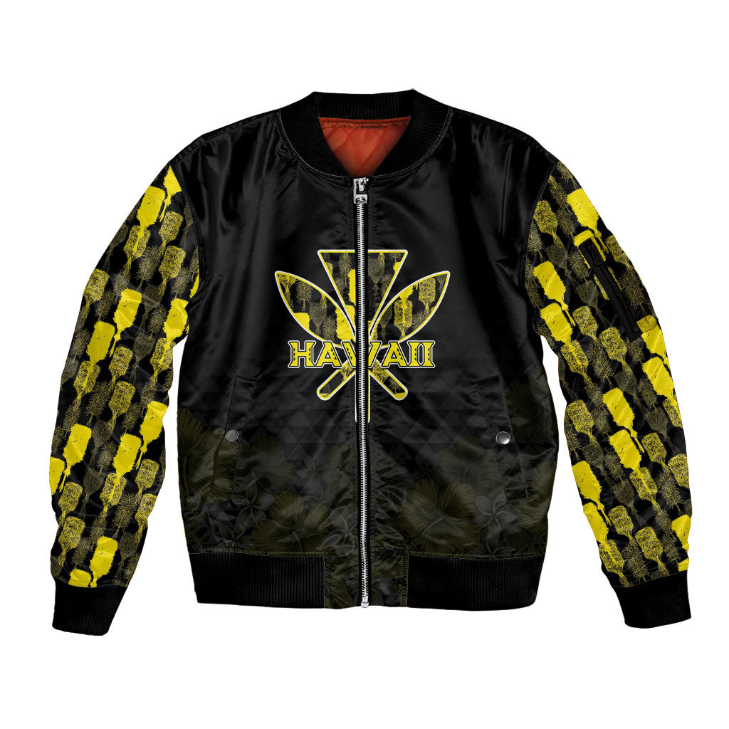 Personalised Aloha Hawaii Kahili Sleeve Zip Bomber Jacket Kanaka Maoli With Kakau Pattern LT05 Unisex Black - Polynesian Pride