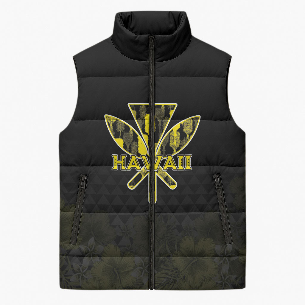 Personalised Aloha Hawaii Kahili Sleeveless Puffer Jacket Kanaka Maoli With Kakau Pattern LT05 Unisex Black - Polynesian Pride