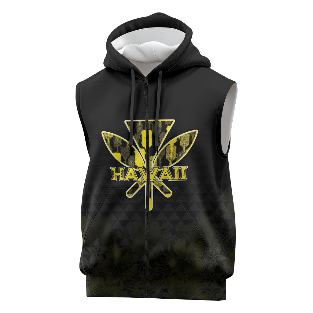 Personalised Aloha Hawaii Kahili Sleeveless Zip Hoodie Kanaka Maoli With Kakau Pattern LT05 Black - Polynesian Pride