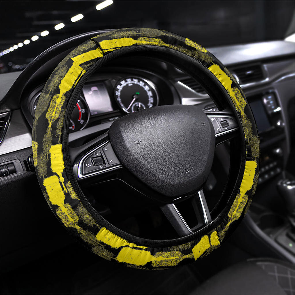 Aloha Hawaii Kahili Steering Wheel Cover Kanaka Maoli With Kakau Pattern LT05 Universal Fit Black - Polynesian Pride