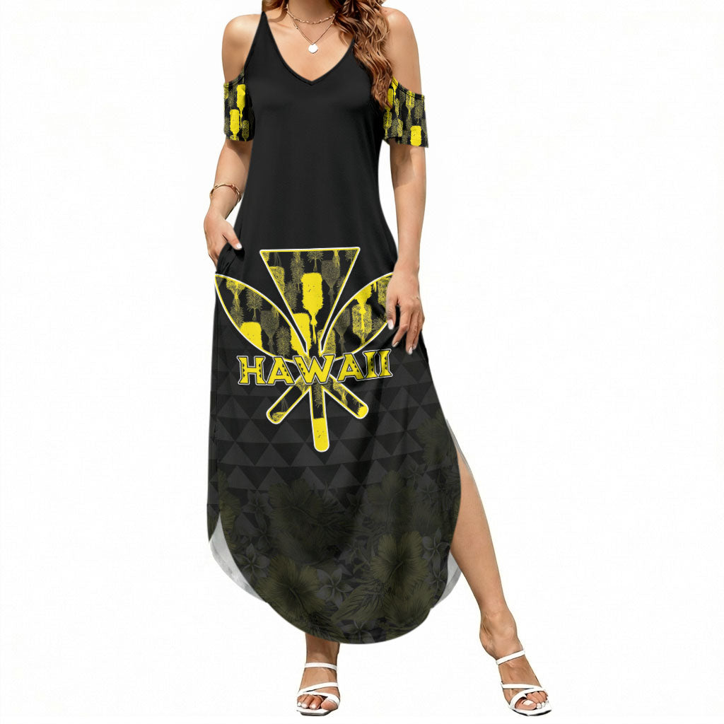Personalised Aloha Hawaii Kahili Summer Maxi Dress Kanaka Maoli With Kakau Pattern LT05 Women Black - Polynesian Pride