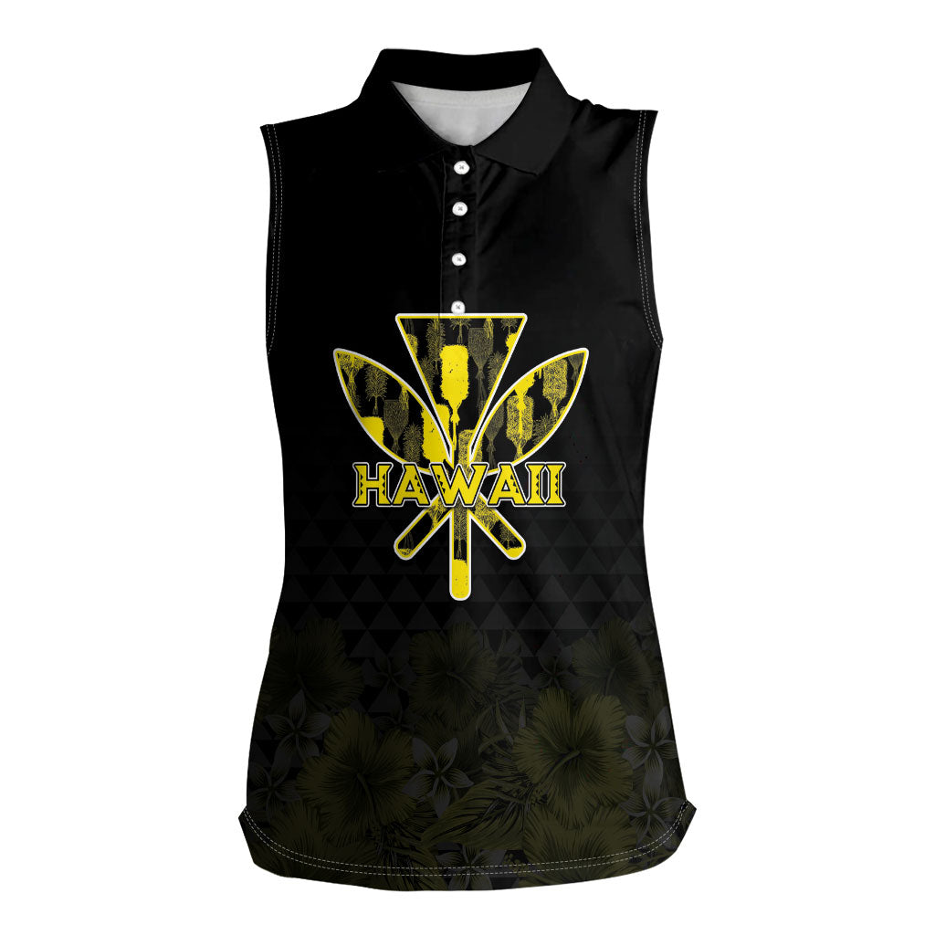 Personalised Aloha Hawaii Kahili Women Sleeveless Polo Shirt Kanaka Maoli With Kakau Pattern LT05 Female Black - Polynesian Pride