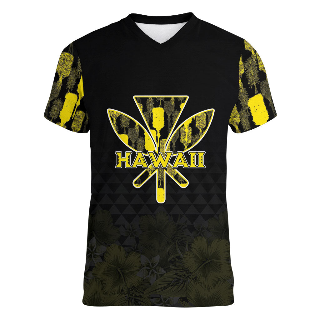 Personalised Aloha Hawaii Kahili Women V-Neck T-Shirt Kanaka Maoli With Kakau Pattern LT05 Female Black - Polynesian Pride