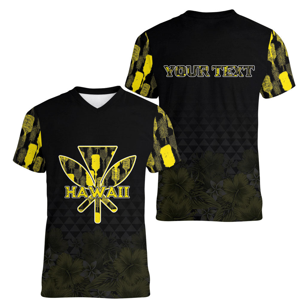 Personalised Aloha Hawaii Kahili Women V-Neck T-Shirt Kanaka Maoli With Kakau Pattern LT05 - Polynesian Pride