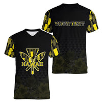 Personalised Aloha Hawaii Kahili Women V-Neck T-Shirt Kanaka Maoli With Kakau Pattern LT05 - Polynesian Pride